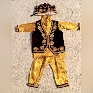 Traditional Gold and Brown boys Costume Set with Embroidered Vest and Cap